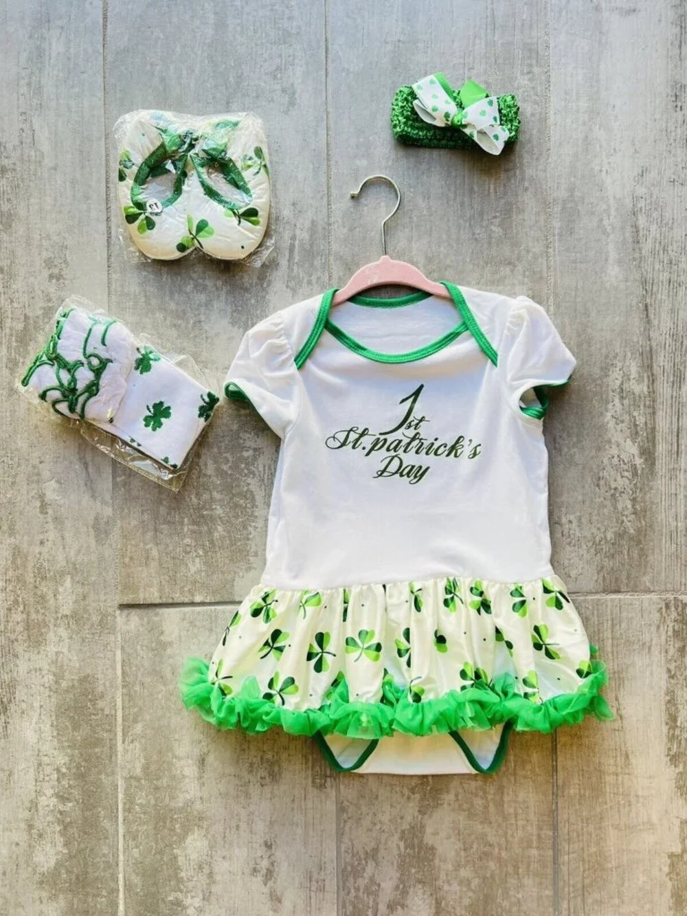 1st St. Patrick's Day Outfit Baby Girl Set Dress Crib Shoes Leg Warmers NEW 12m